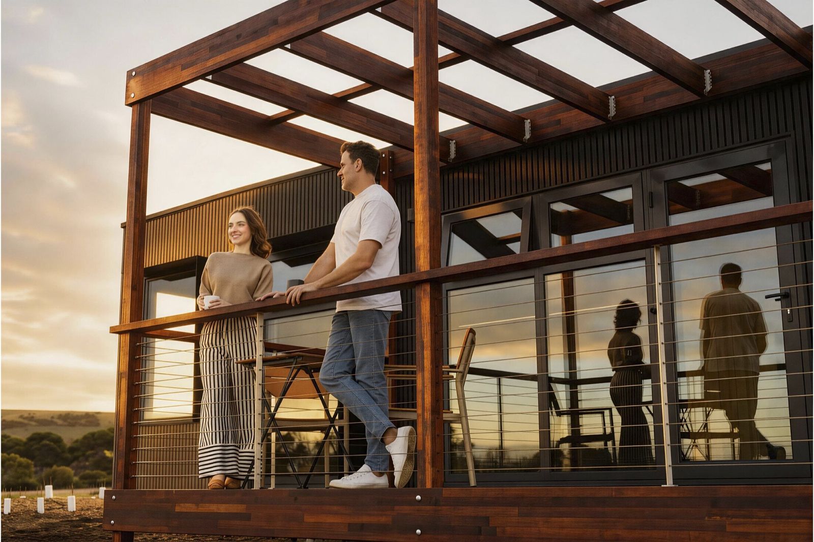 Guests on the deck of an AUTRA retreat at sunset, timber pergola over the Fleurieu countryside